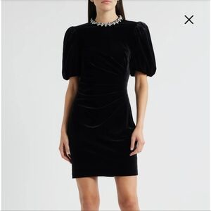 Eliza J Jeweled Neck Black Velvet Puffer Sleeve Dress Size 4